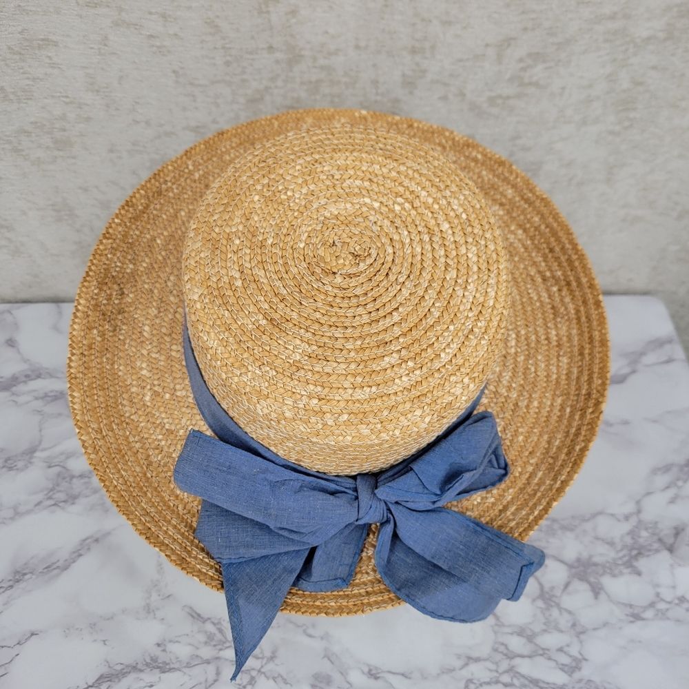 Vintage Straw Sun Hat with Blue Ribbon Bow Embroidered Flowers Cottagecore - Picture 3 of 8